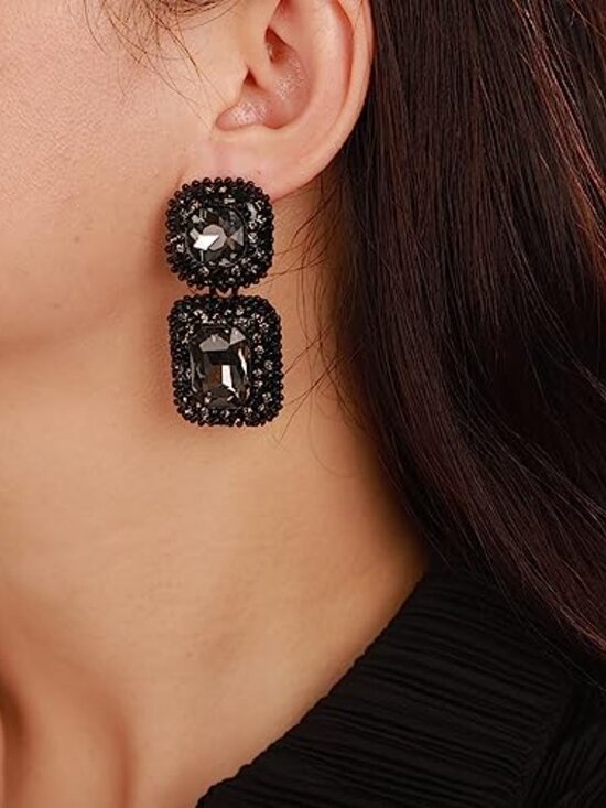 Black Crystal Dangle Earrings: Elegant Prom Jewelry - Etsy New - Vintage Black Rhinestone Statement Earrings Fancy Crystal Rectangle Drop